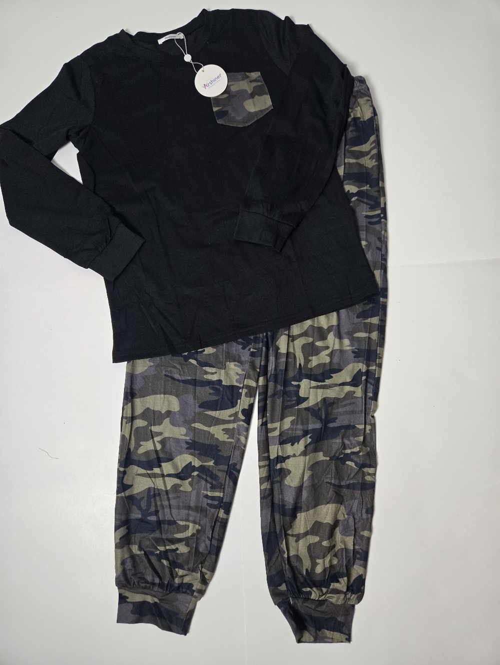 Kids Black Long-Sleeve Pajama Set with Camo Pocket and Pants
